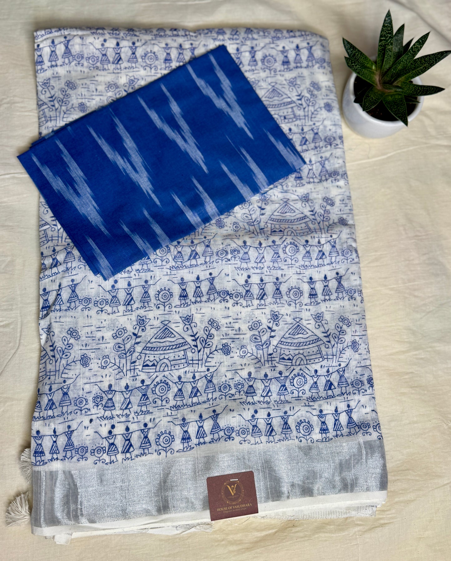 White & Blue Hand block Linen Saree