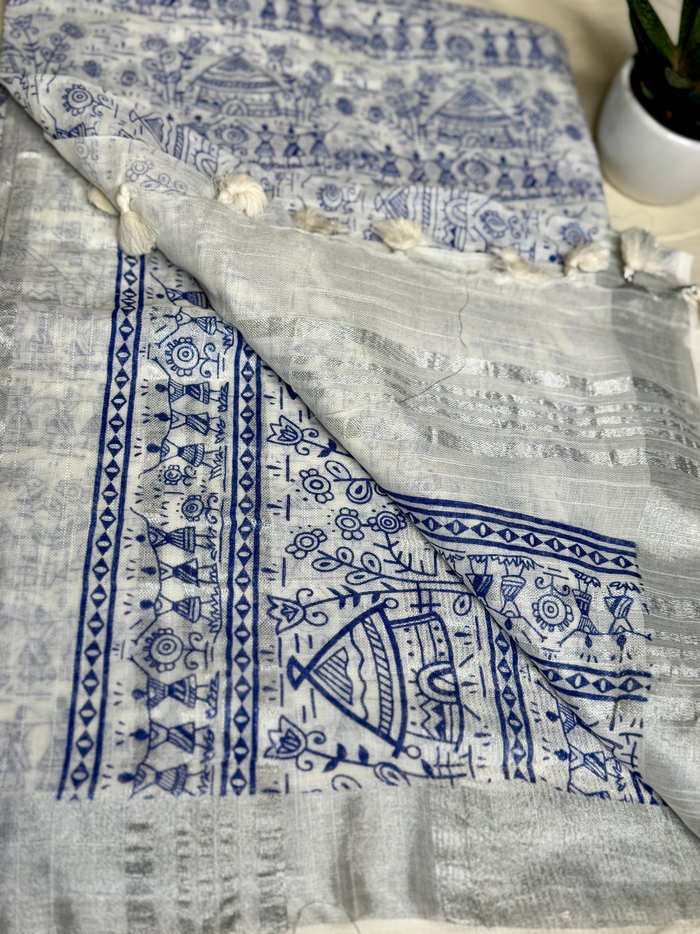White & Blue Hand block Linen Saree