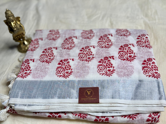 White & Maroon Hand block Linen Saree