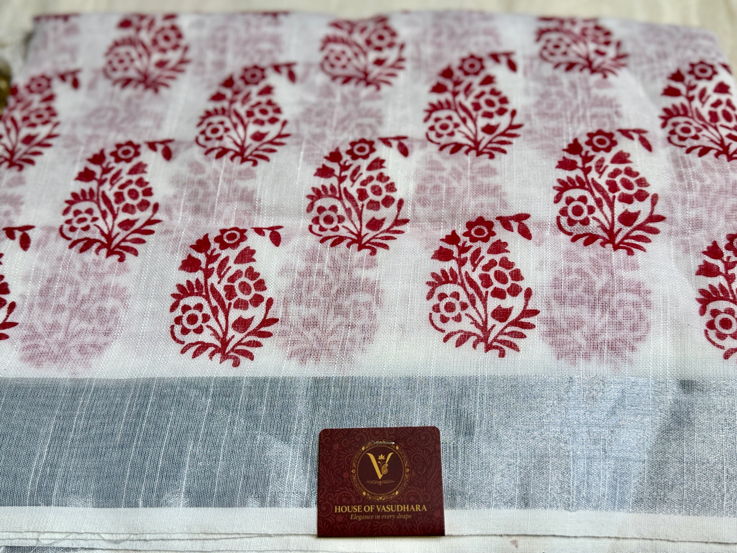 White & Maroon Hand block Linen Saree