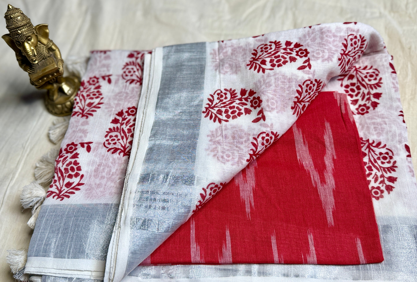 White & Maroon Hand block Linen Saree
