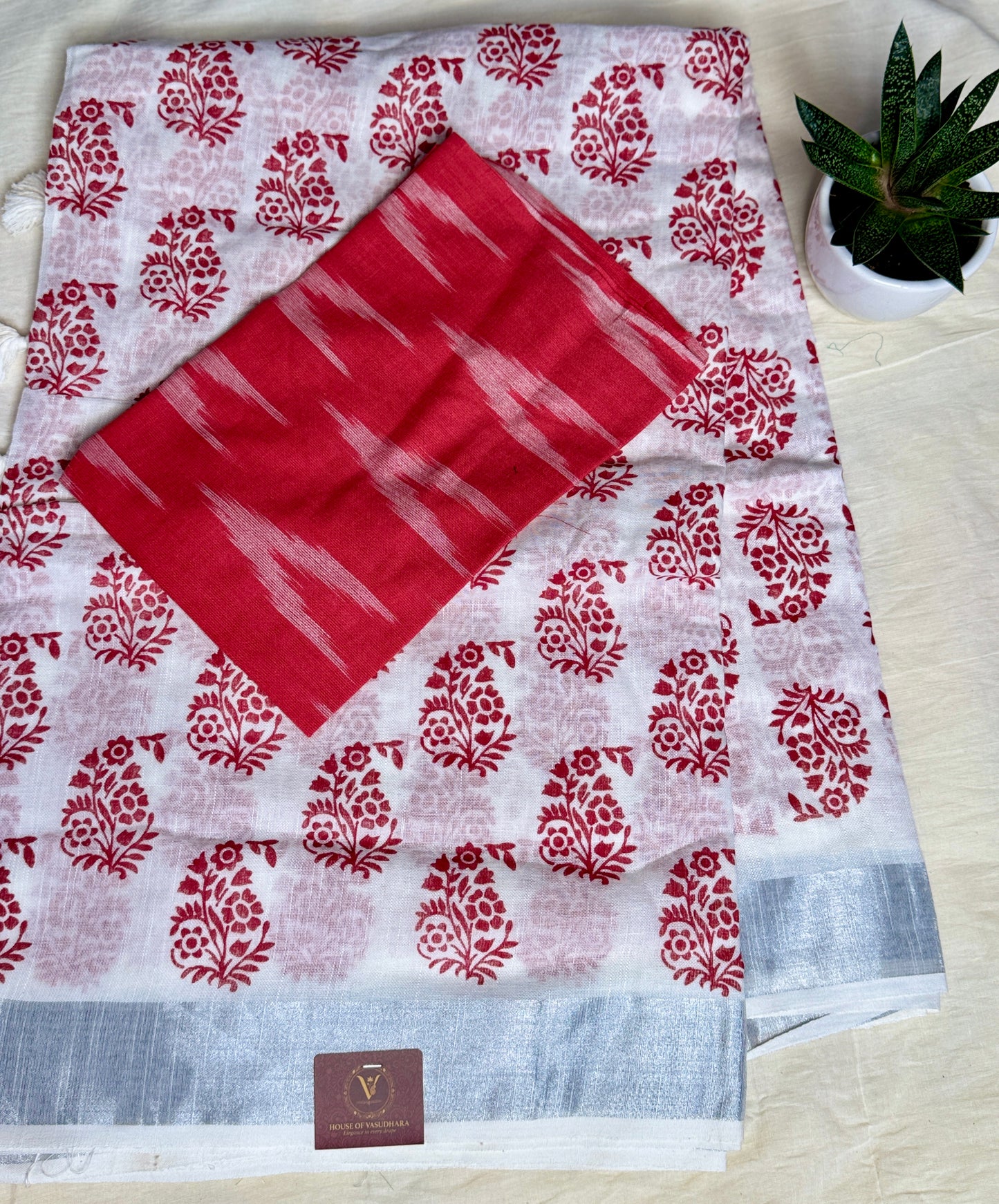 White & Maroon Hand block Linen Saree