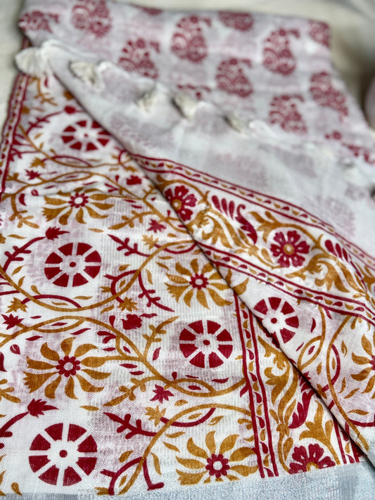 White & Maroon Hand block Linen Saree