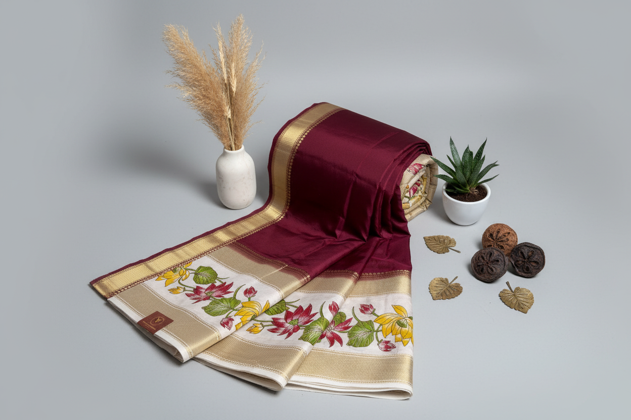 Deep Burgandy Semi Crepe Silk Saree