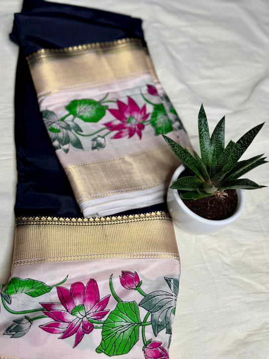 Black with Floral Bentex border Semi Crepe Saree