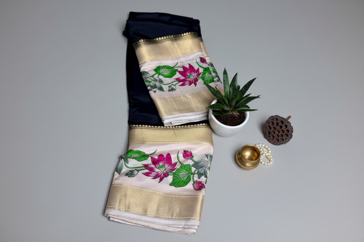 Black with Floral Bentex border Semi Crepe Saree