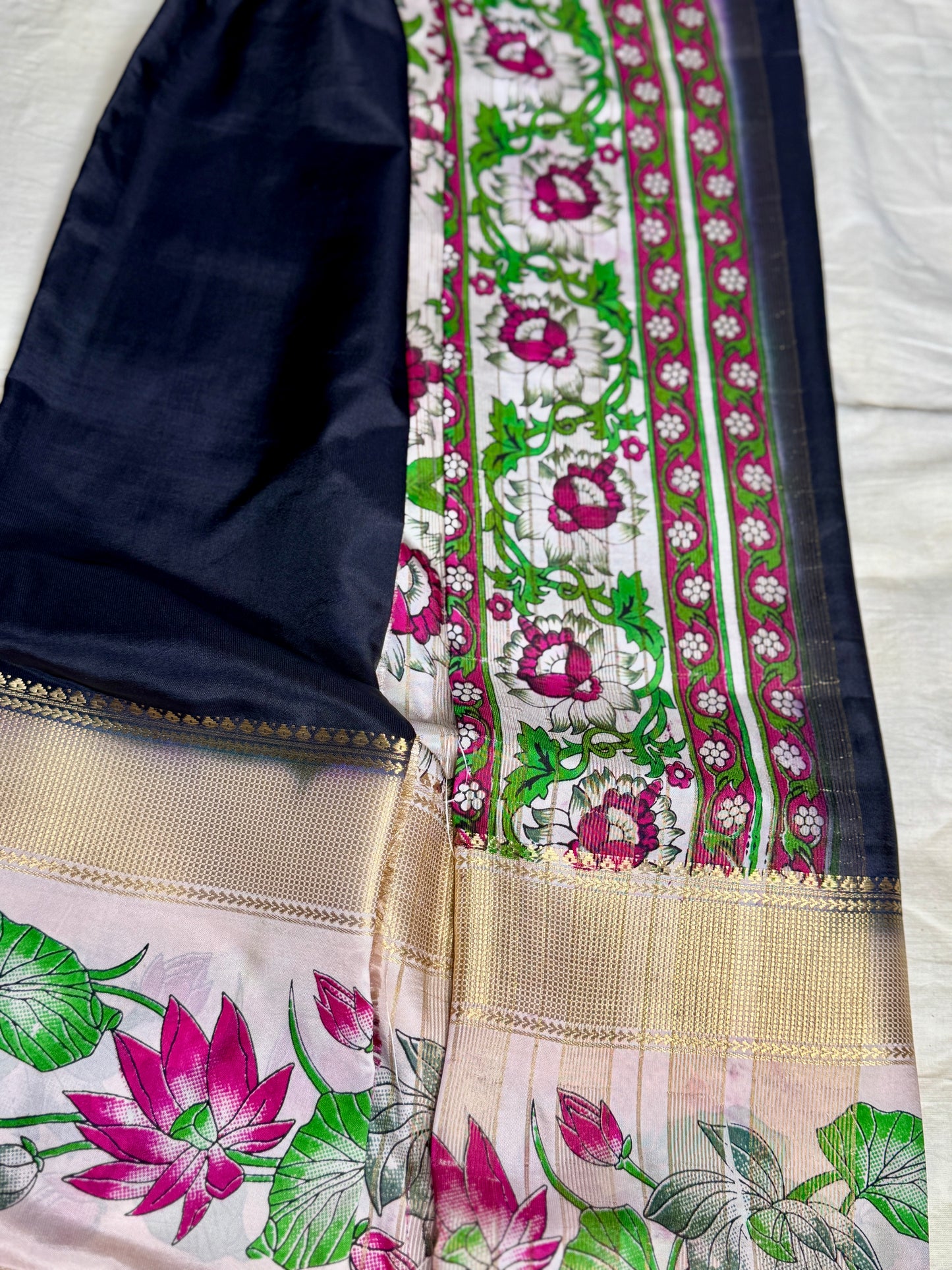 Black with Floral Bentex border Semi Crepe Saree