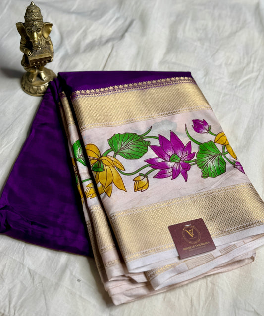 Navy Blue Semi Crepe Silk with Floral Bentex Border