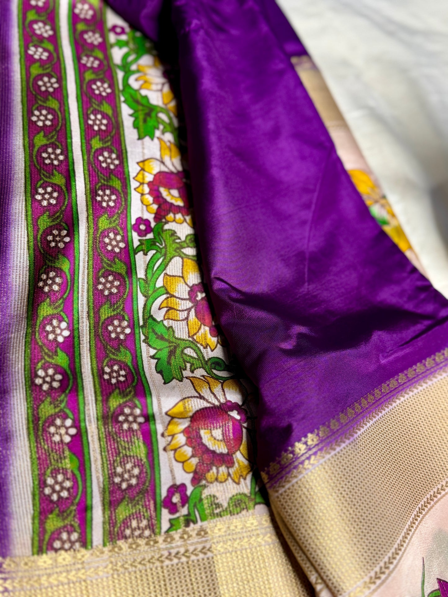 Navy Blue Semi Crepe Silk with Floral Bentex Border