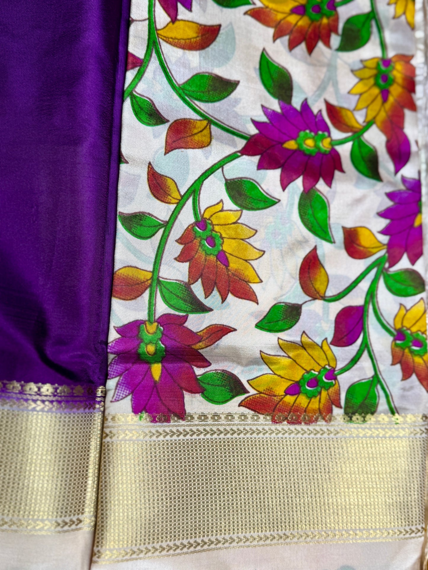 Navy Blue Semi Crepe Silk with Floral Bentex Border
