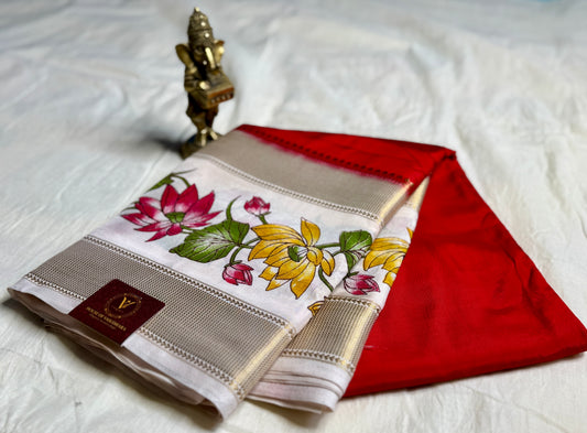 Red Semi Crepe Silk with Floral Bentex Border