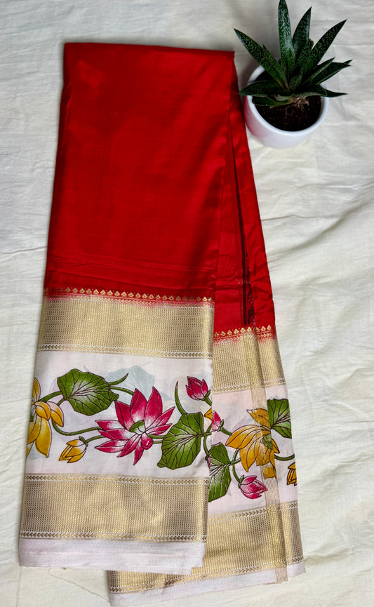 Red Semi Crepe Silk with Floral Bentex Border