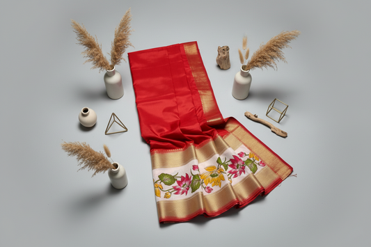 Red Semi Crepe Silk with Floral Bentex Border