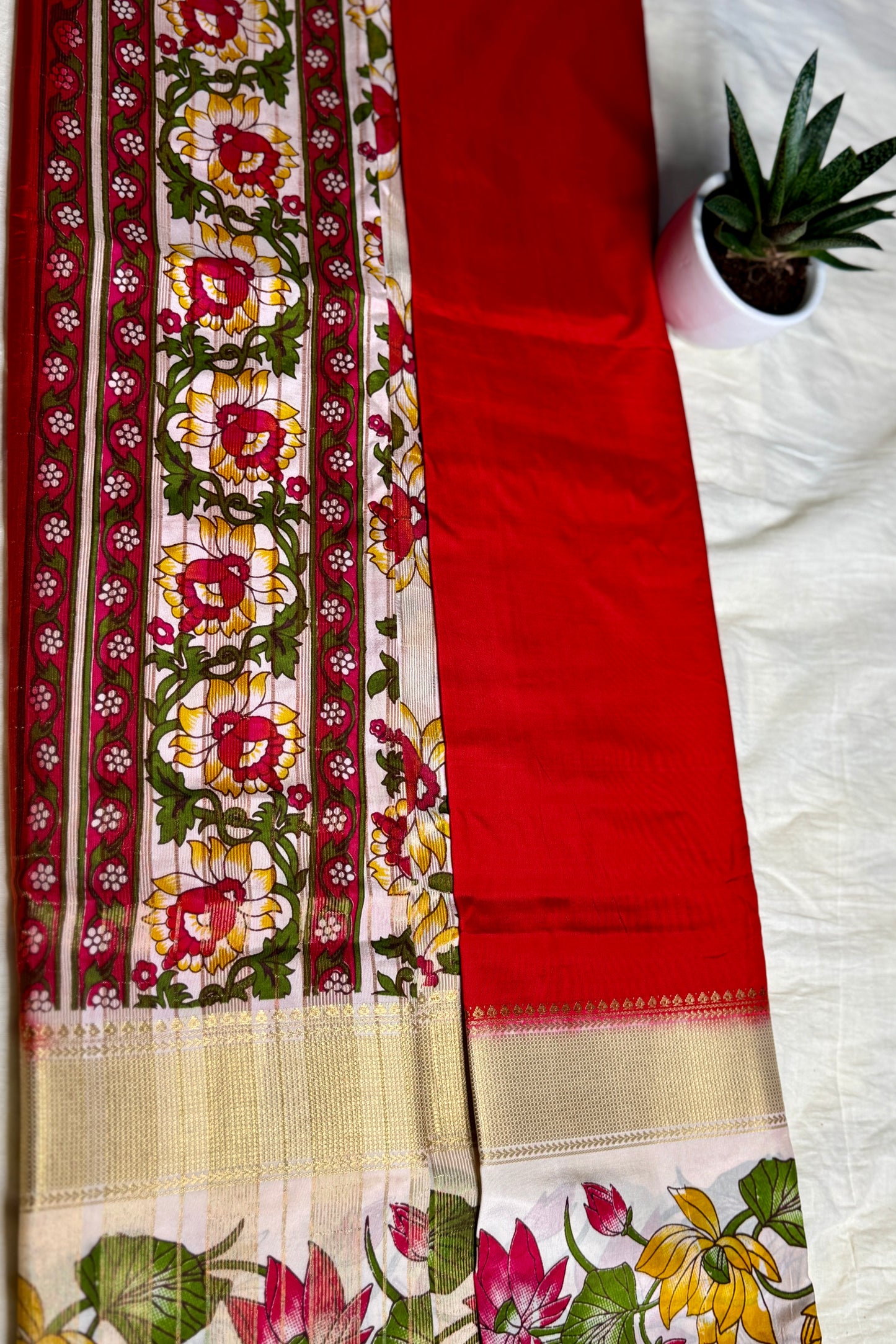 Red Semi Crepe Silk with Floral Bentex Border