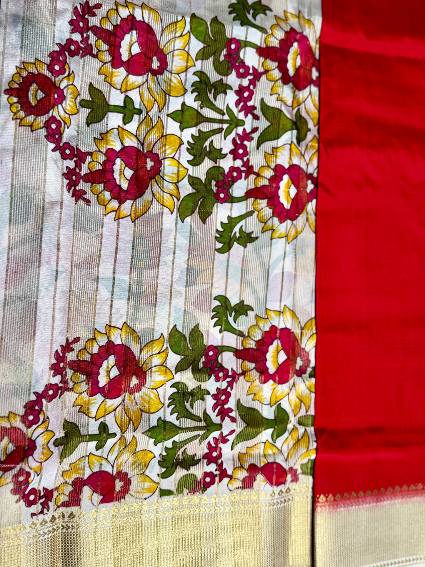 Red Semi Crepe Silk with Floral Bentex Border