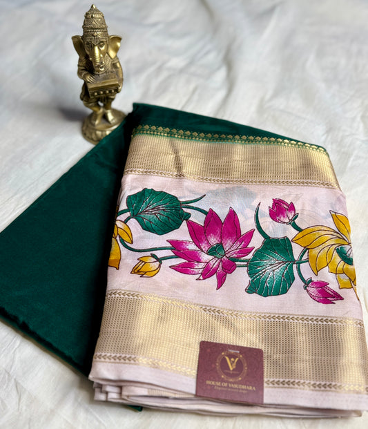 Bottle Green Semi Crepe Silk with Floral Bentex Border