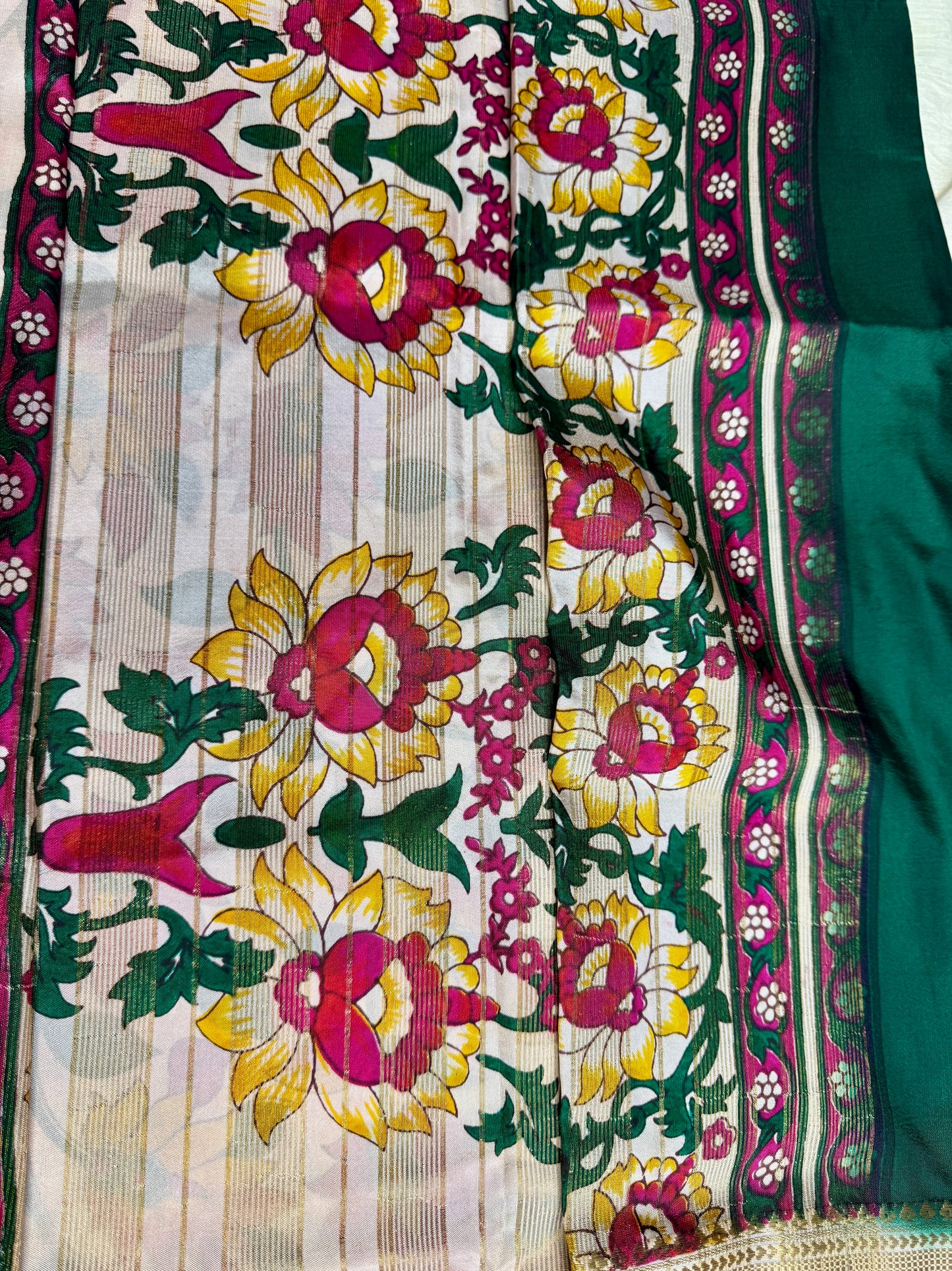 Bottle Green Semi Crepe Silk with Floral Bentex Border