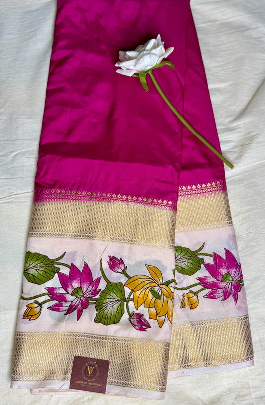 Rani Pink Semi Crepe Silk with Floral Bentex Border