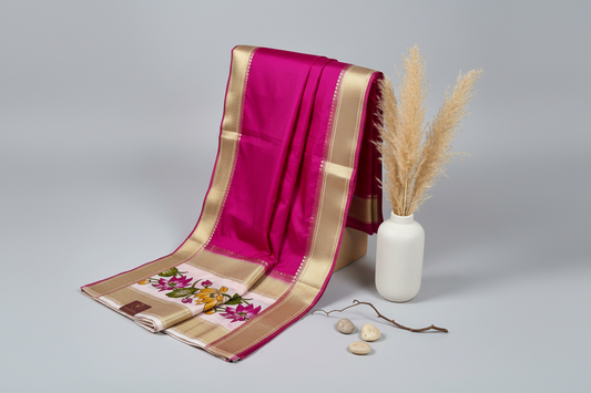 Rani Pink Semi Crepe Silk with Floral Bentex Border