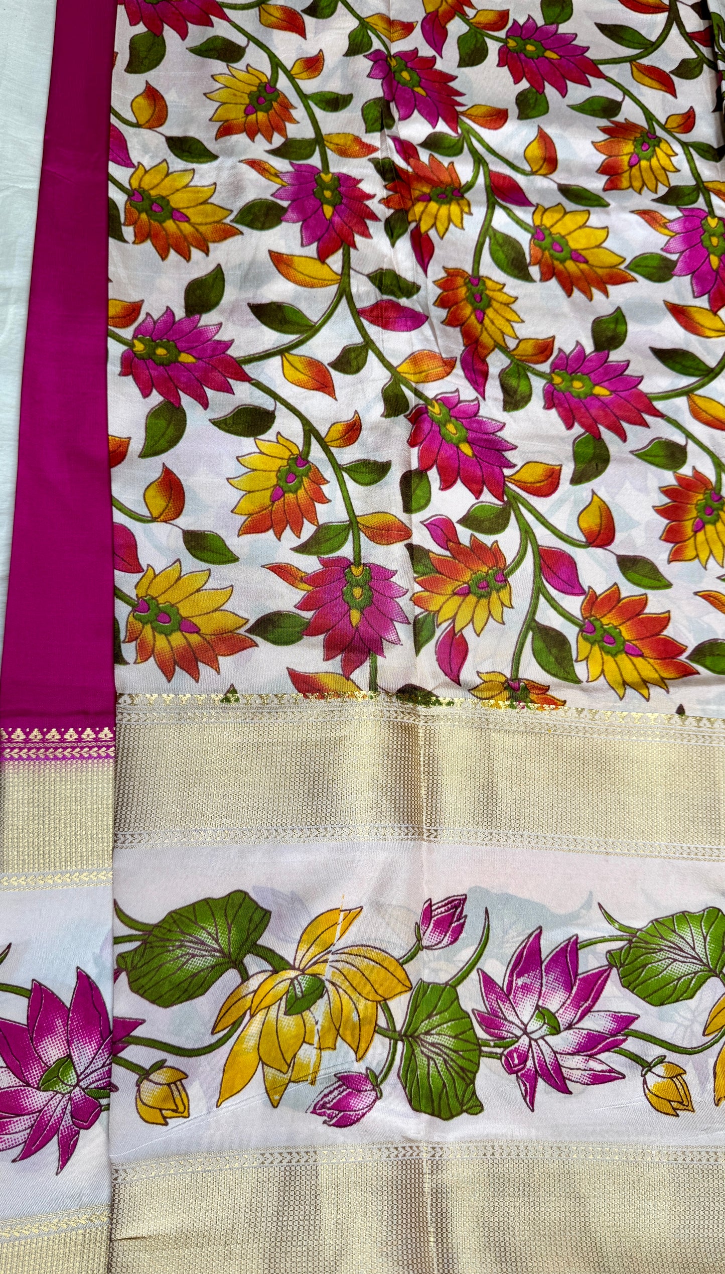 Rani Pink Semi Crepe Silk with Floral Bentex Border