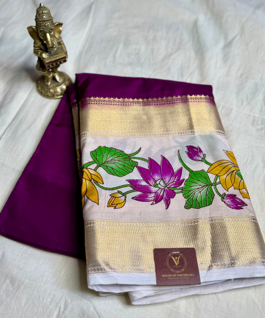 Purple Semi Crepe Silk with Floral Bentex Border