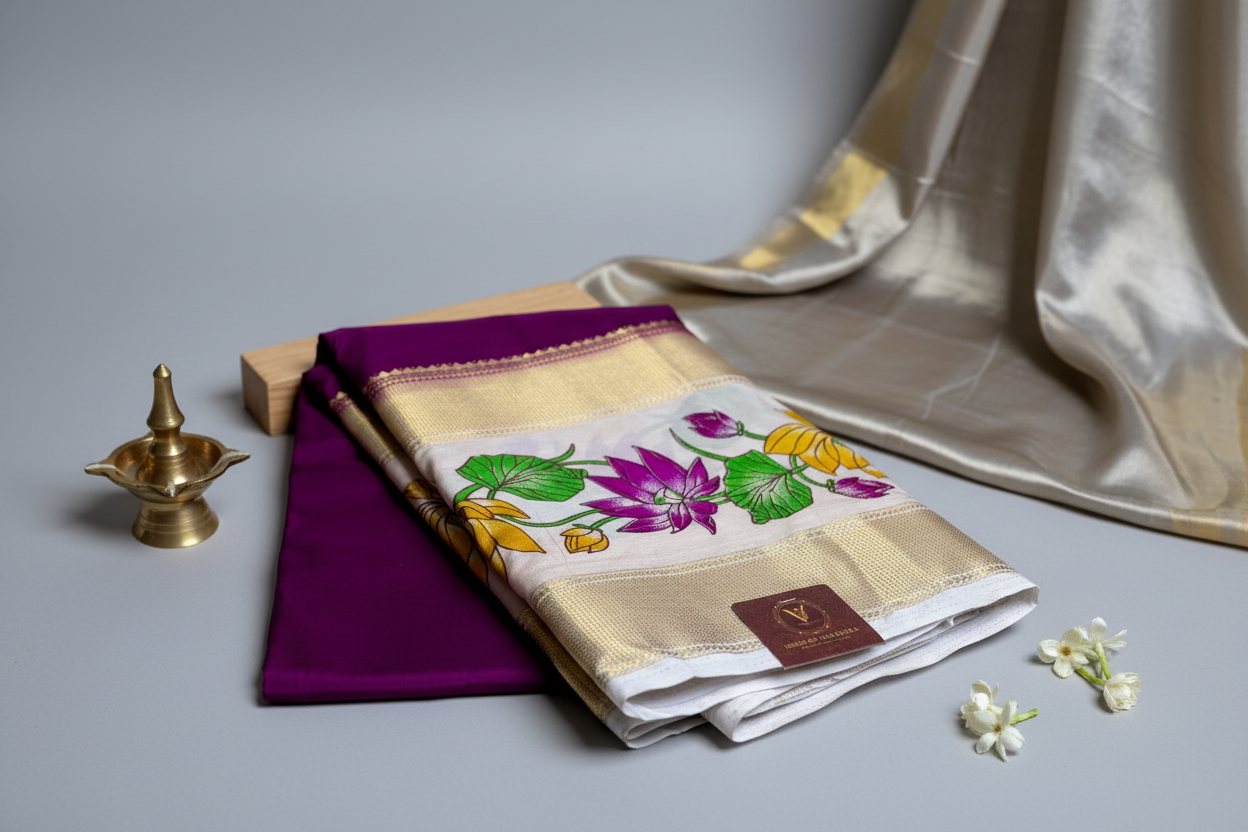 Purple Semi Crepe Silk with Floral Bentex Border