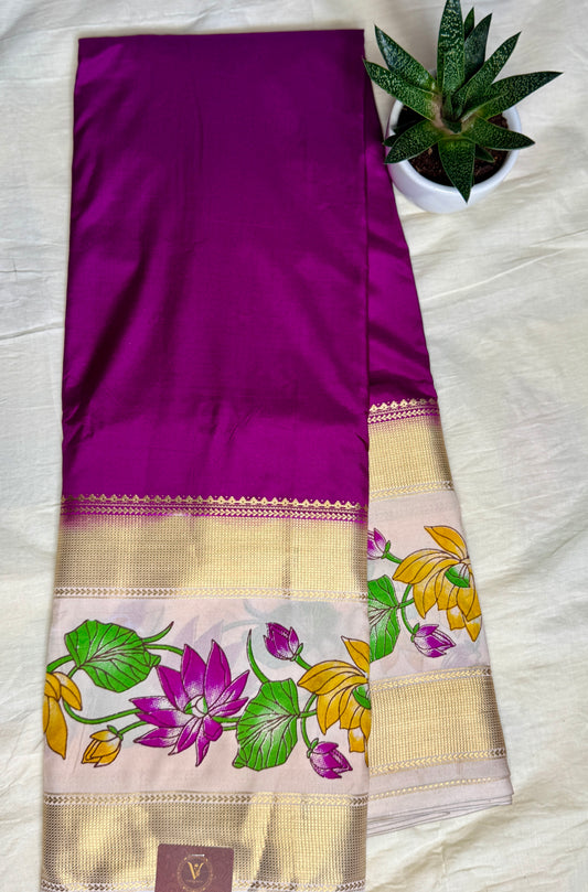 Purple Semi Crepe Silk with Floral Bentex Border