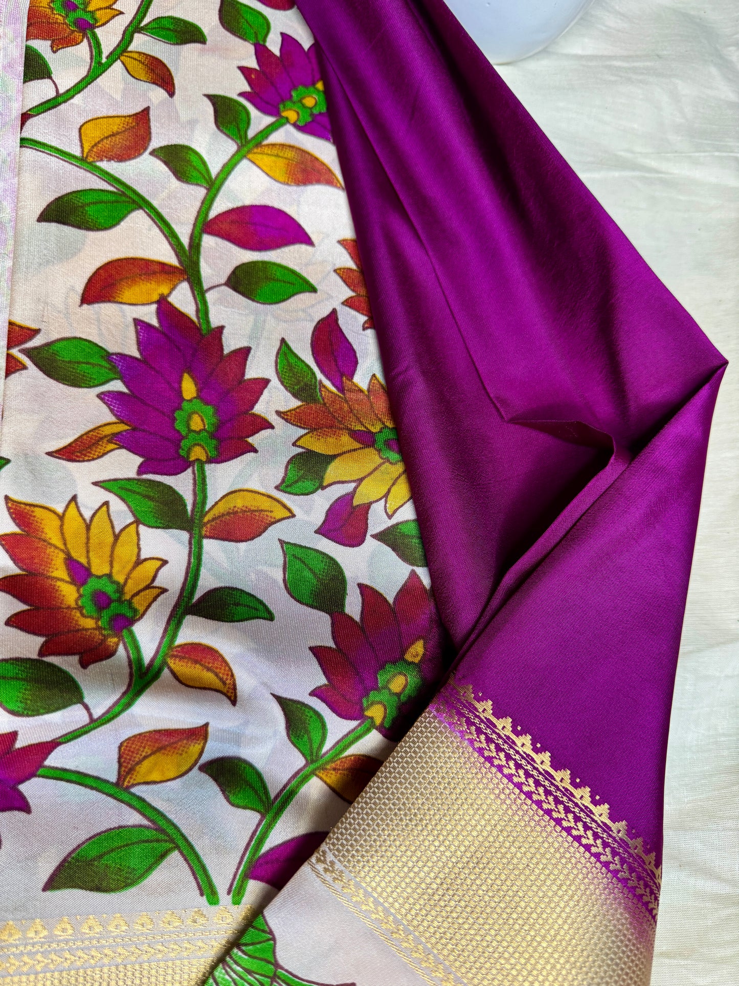 Purple Semi Crepe Silk with Floral Bentex Border