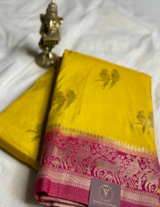 Mustard Yellow & Rani Pink Khadi Silk saree