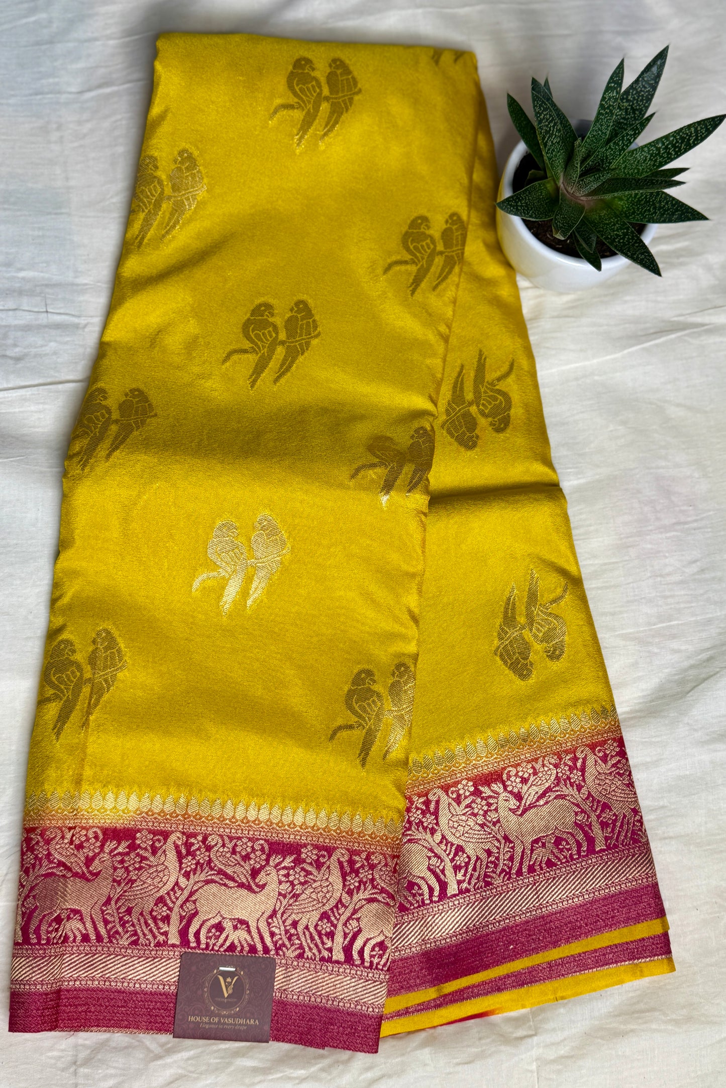 Mustard Yellow & Rani Pink Khadi Silk saree