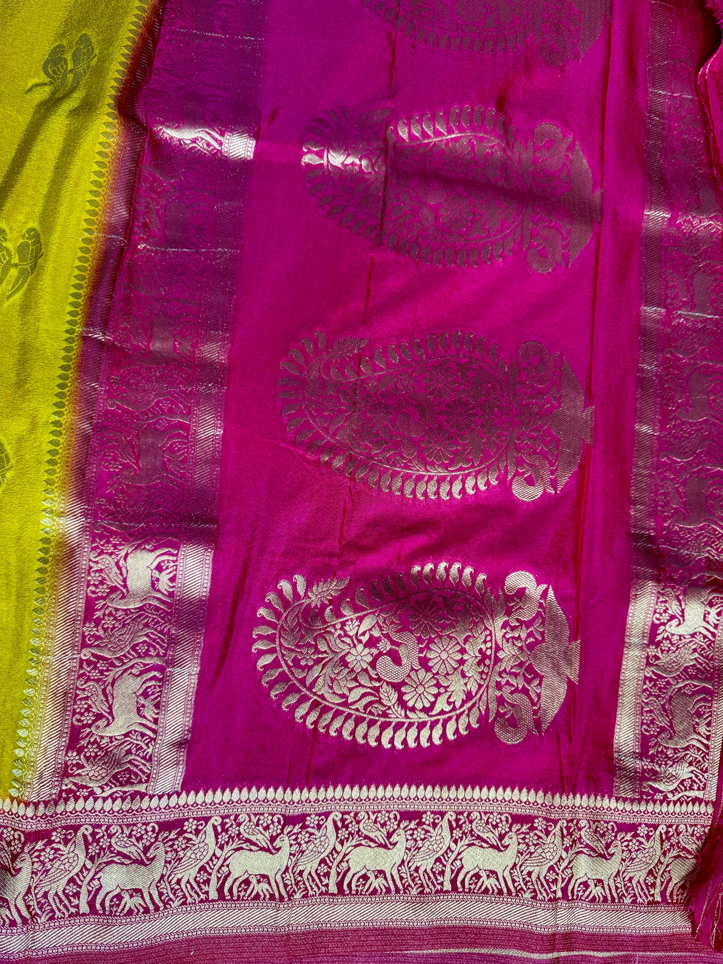 Mustard Yellow & Rani Pink Khadi Silk saree