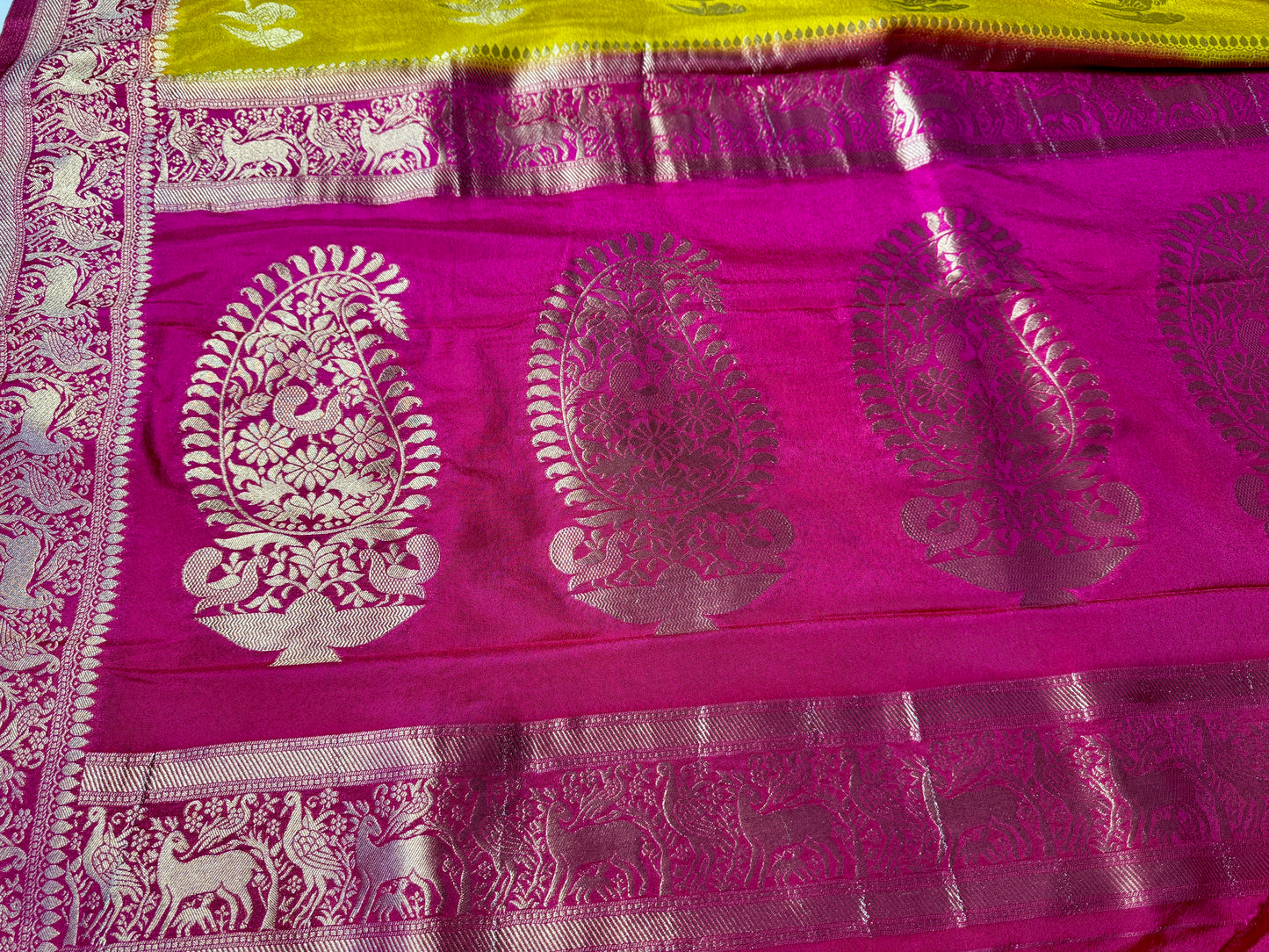 Mustard Yellow & Rani Pink Khadi Silk saree
