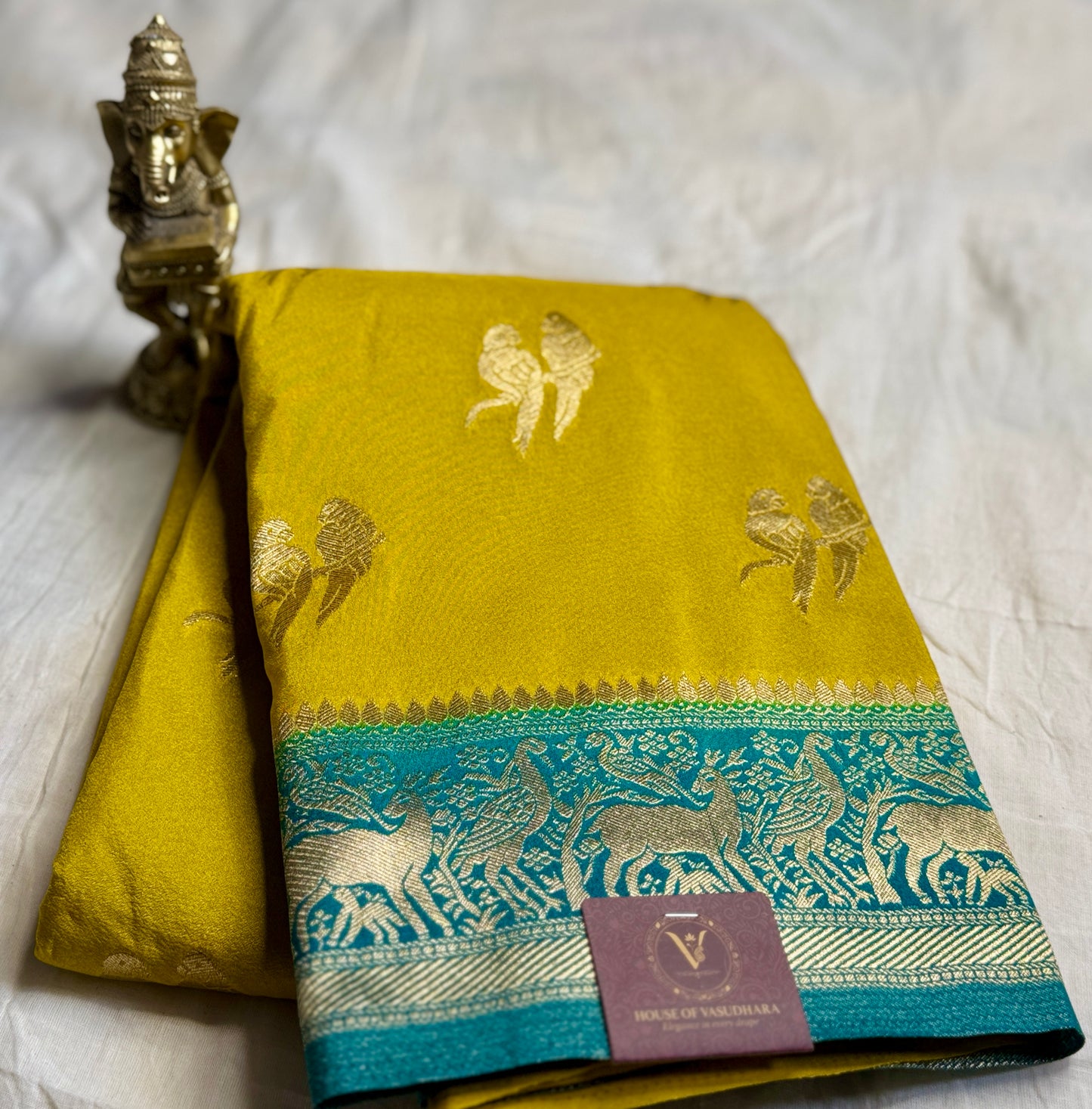 Mustard Yellow & Teal blue Khadi Silk saree