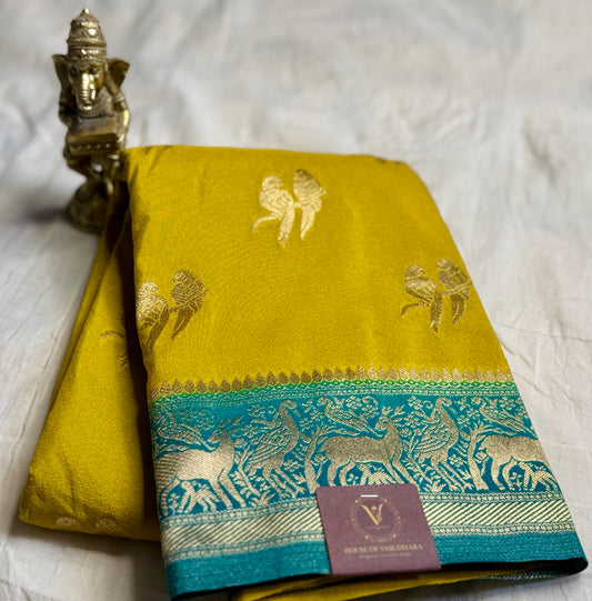 Mustard Yellow & Teal blue Khadi Silk saree