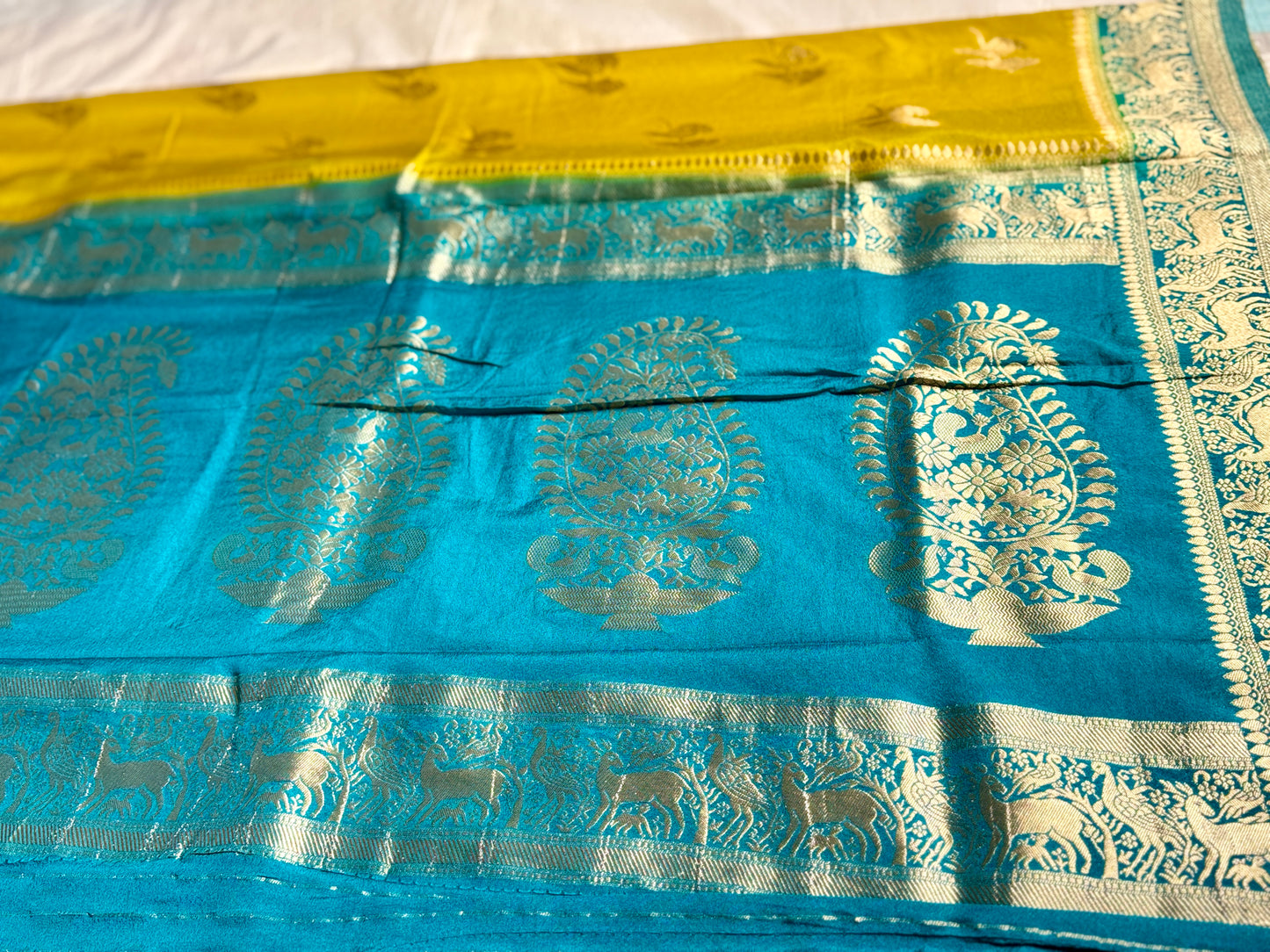 Mustard Yellow & Teal blue Khadi Silk saree