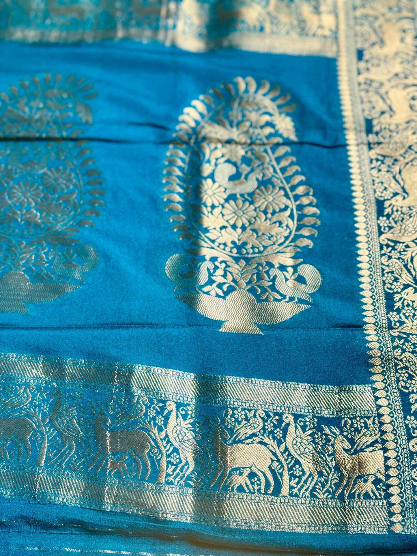Mustard Yellow & Teal blue Khadi Silk saree