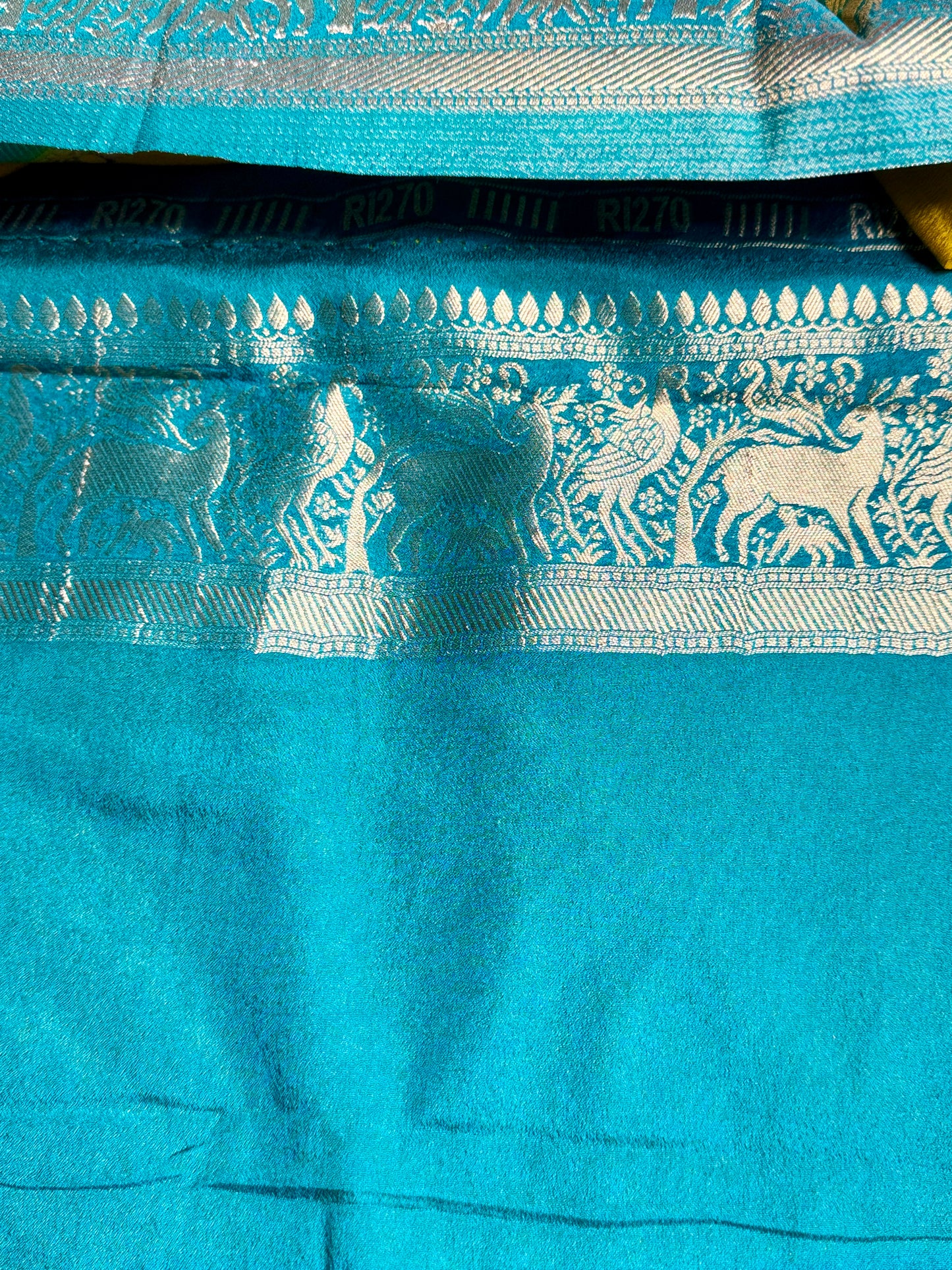 Mustard Yellow & Teal blue Khadi Silk saree