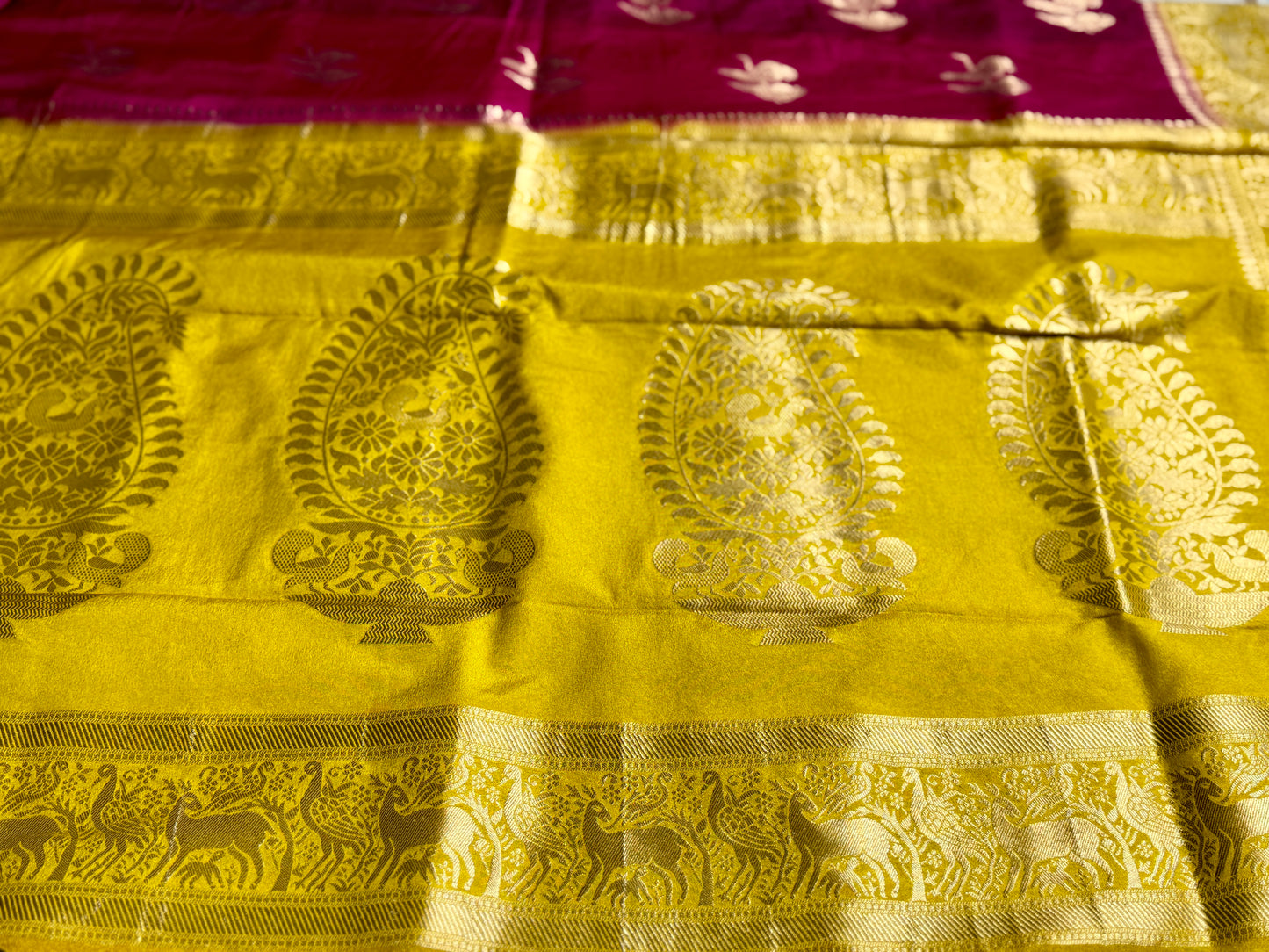 Rani Pink &  Mustard Khadi Silk saree