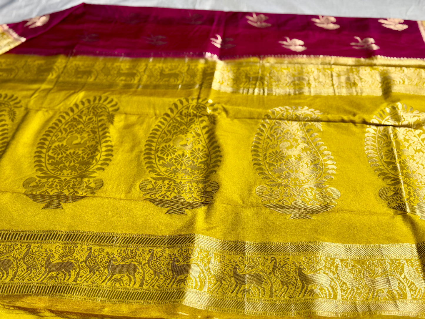 Rani Pink &  Mustard Khadi Silk saree