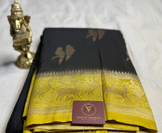 Black & Mustard Yellow Khadi Silk saree