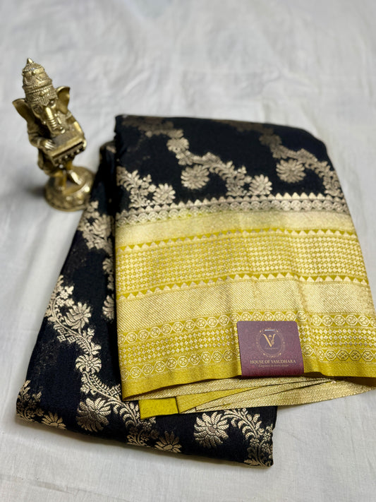 Black& Mustard Yellow Jaal pattern Khadi Silk saree