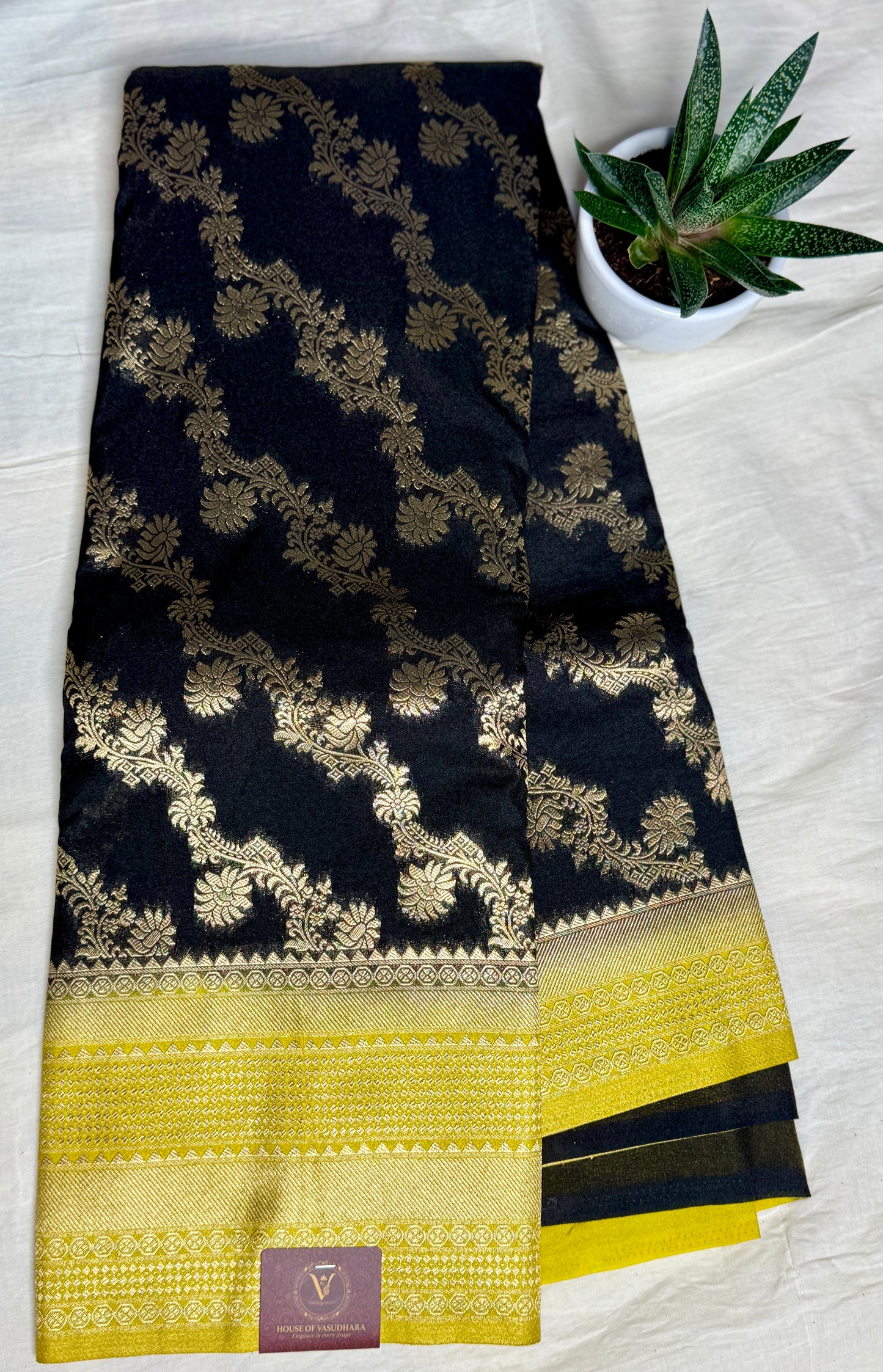 Black& Mustard Yellow Jaal pattern Khadi Silk saree