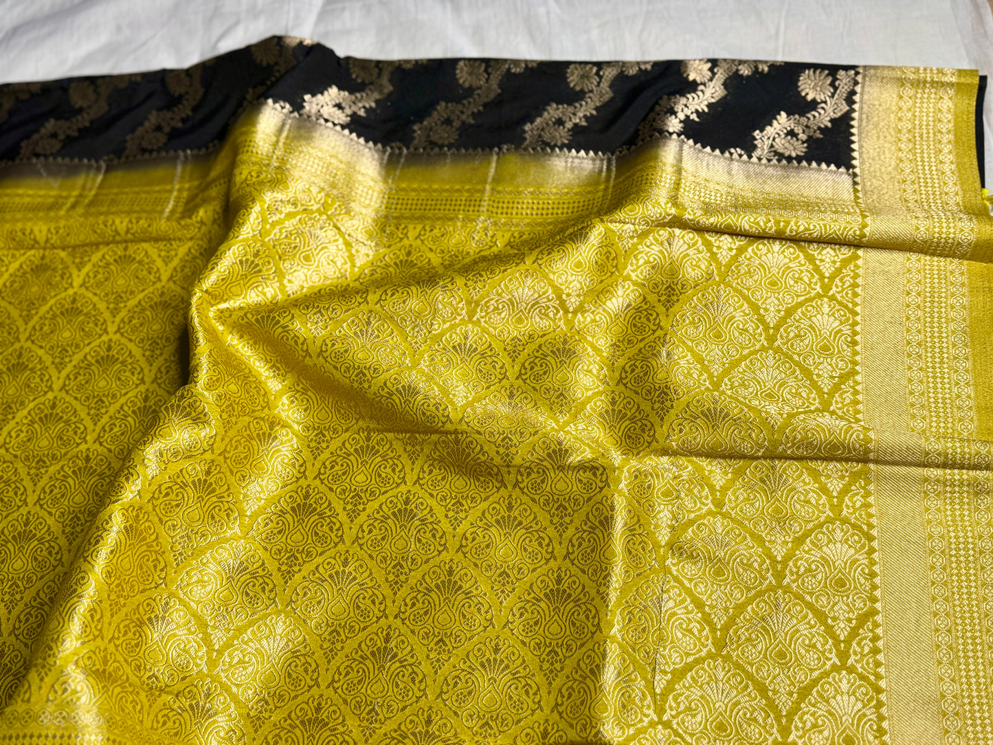 Black& Mustard Yellow Jaal pattern Khadi Silk saree