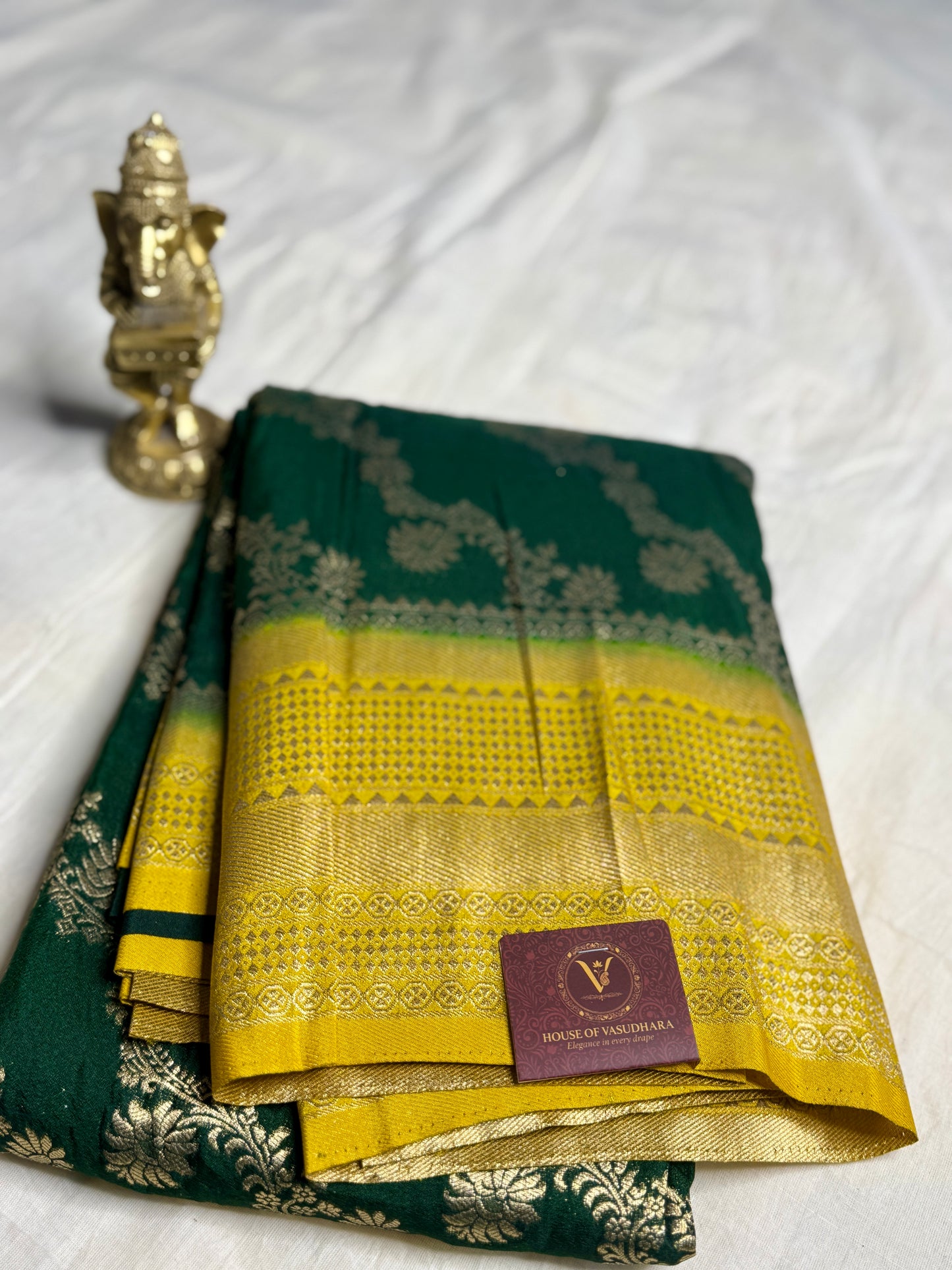 Bottle Green & Mustard yellow Jaal pattern Khadi Silk saree