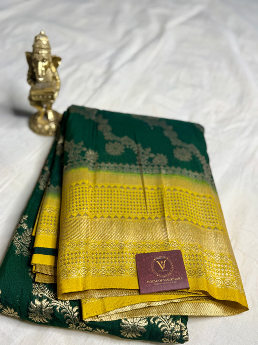 Bottle Green & Mustard yellow Jaal pattern Khadi Silk saree