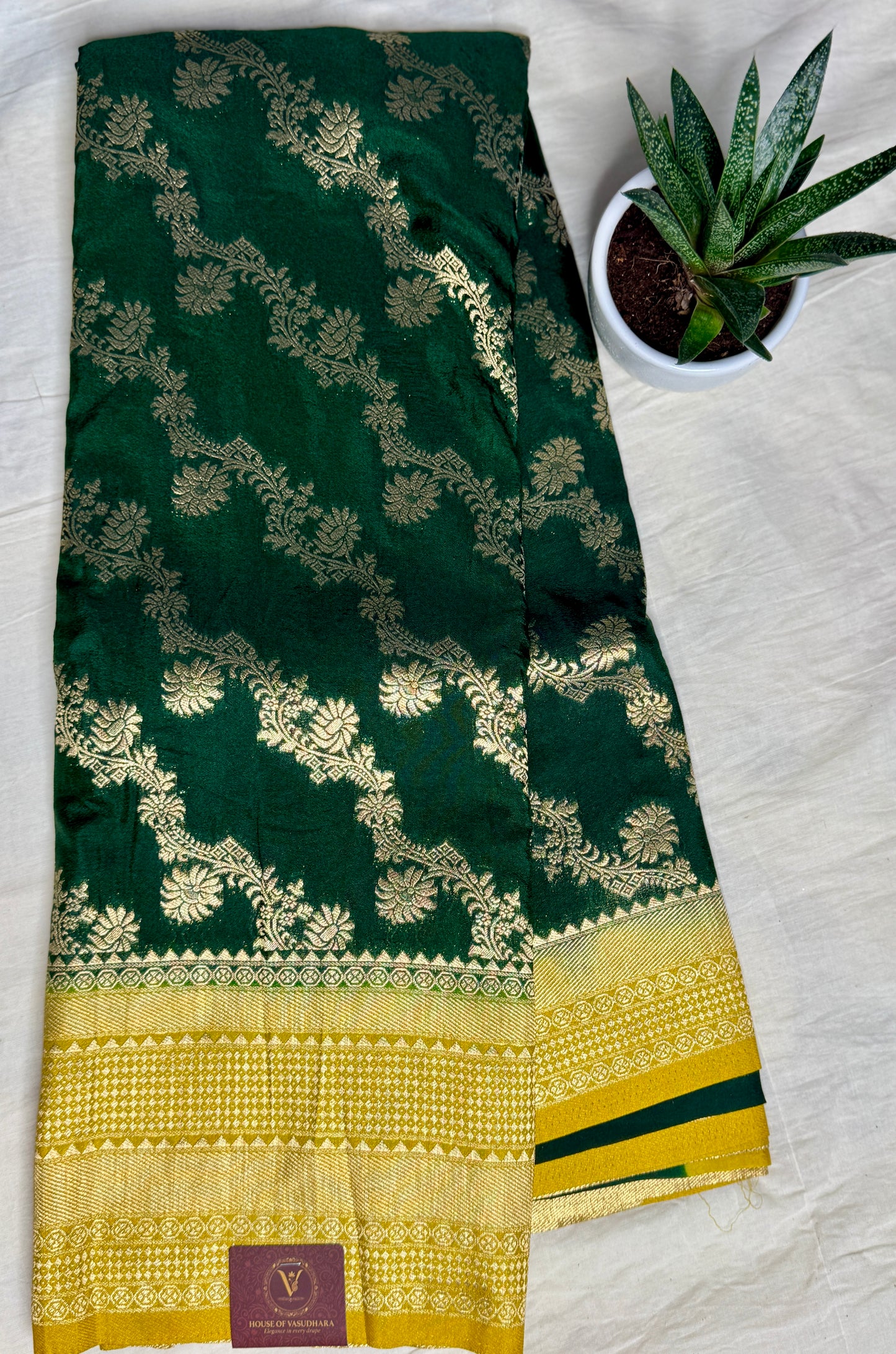 Bottle Green & Mustard yellow Jaal pattern Khadi Silk saree