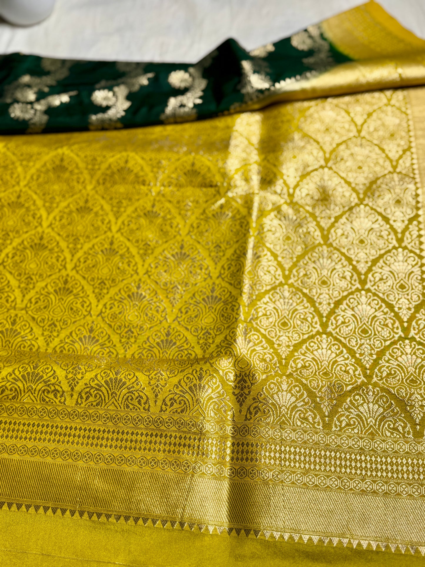 Bottle Green & Mustard yellow Jaal pattern Khadi Silk saree