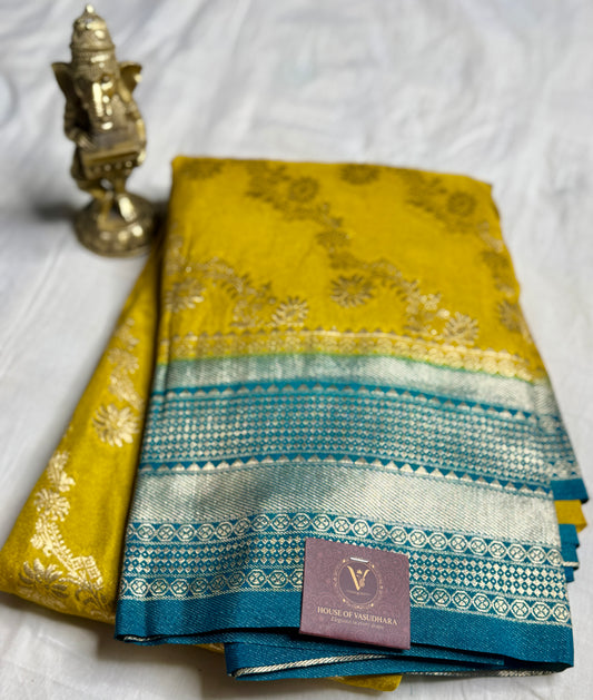 Mustard yellow & Teal blue Jaal pattern Khadi Silk saree
