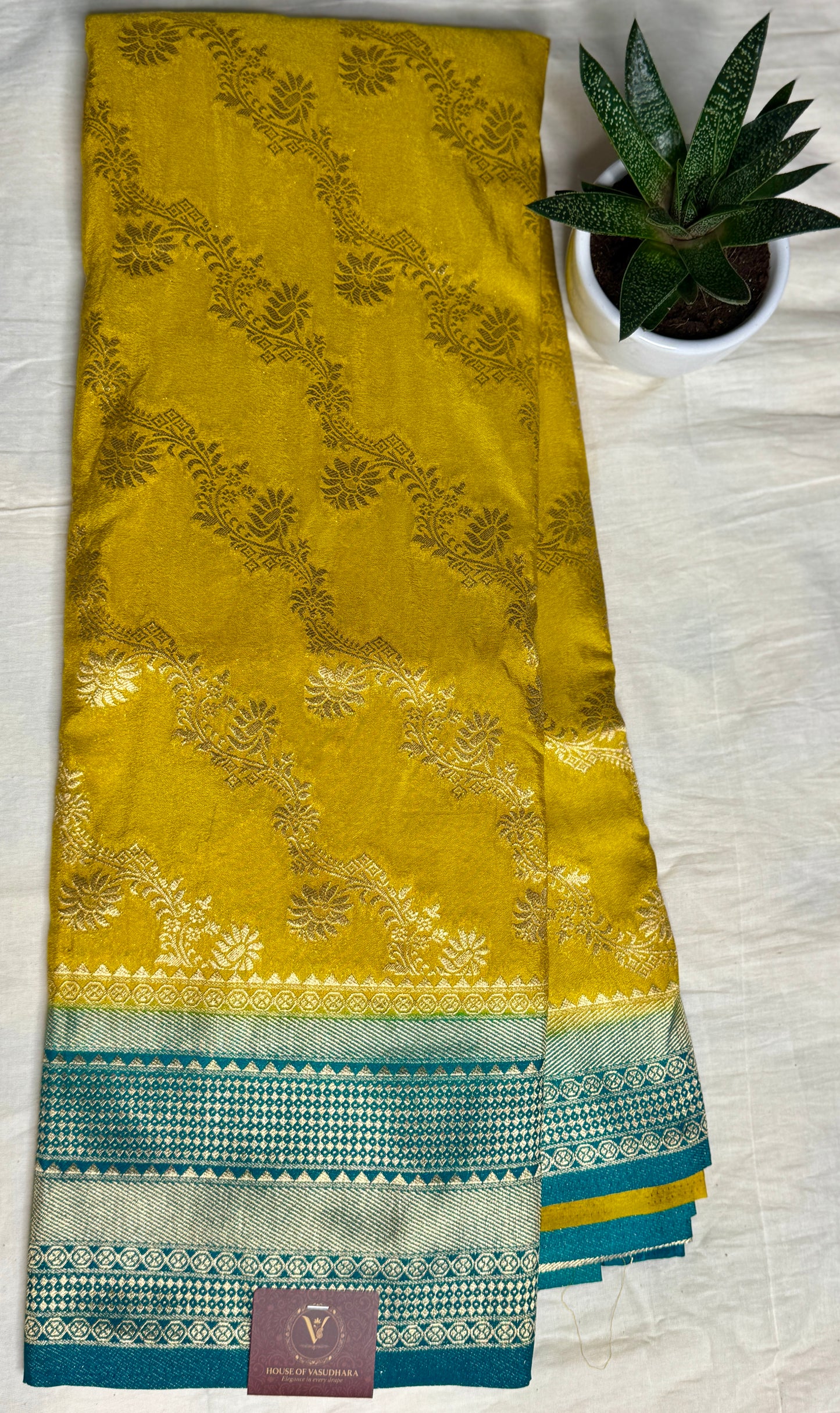 Mustard yellow & Teal blue Jaal pattern Khadi Silk saree