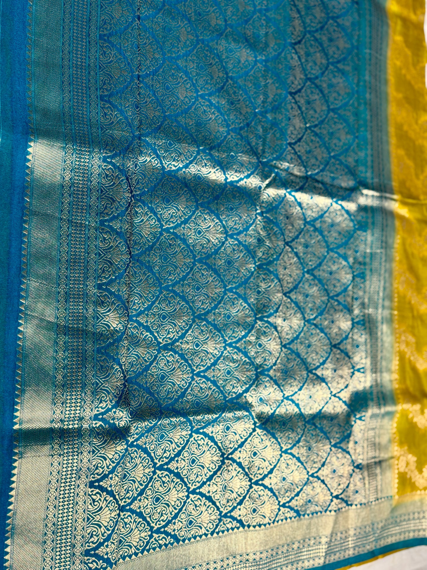 Mustard yellow & Teal blue Jaal pattern Khadi Silk saree